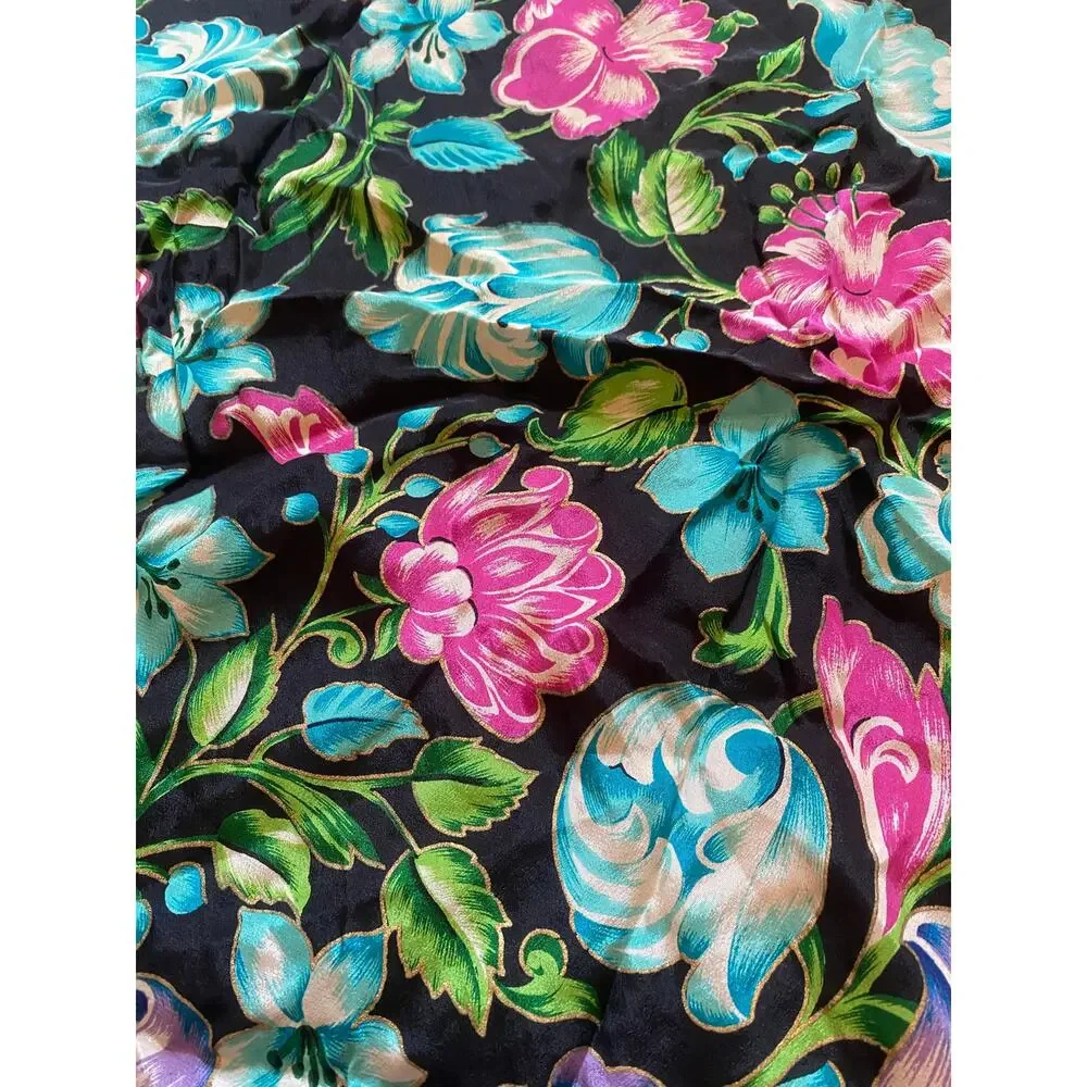 Adrienne Vittadini Vintage Silk Square Scarf Folk Art to Wear Floral Neckerchief
